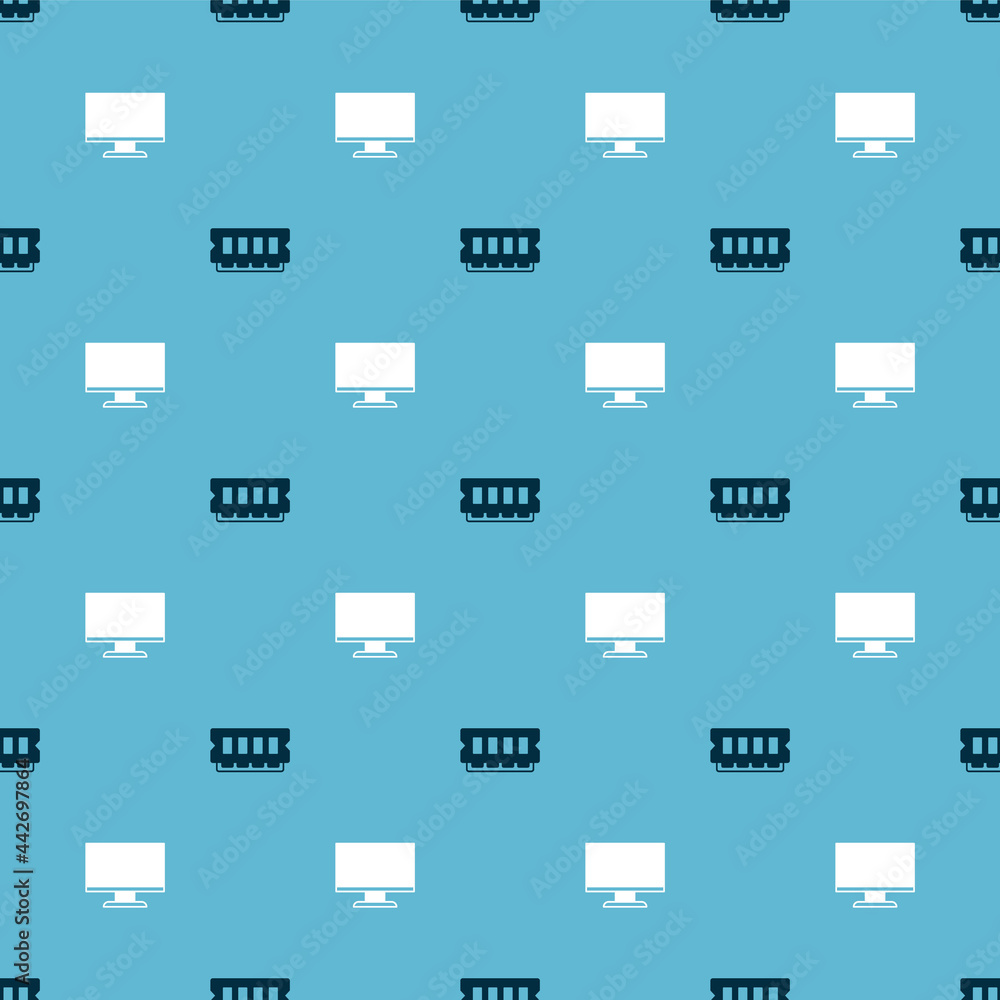 Poster set ram, random access memory and computer monitor screen on seamless pattern. vector