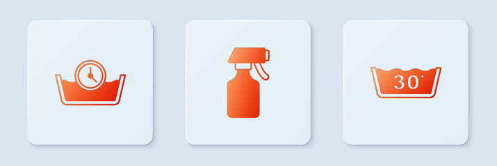Set Water spray bottle, Time wash and Temperature. White square button. Vector