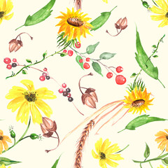 Vintage seamless watercolor pattern of plants. Herbs, flowers, chamomile,calendula flowers watercolor.A branch with a berry, lingonberry, a spikelet of wheat, cereal. drawing floral background.acorn