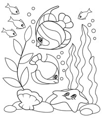 Cartoon the marine fishes and starfish. Coloring page. Illustration for children. Cute and funny cartoon characters.