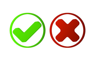 Correct, incorrect sign. Right and wrong mark icon set. Green tick and red cross flat symbol. Check ok, YES, no, X marks for vote, decision, web. True, false checkbox. Verify sign. Vector illustration