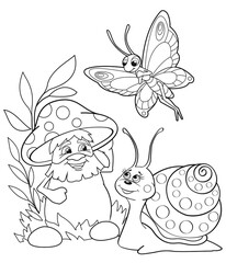 Cartoon the mushroom with eyes and hands, snail, butterfly. Coloring page. Illustration for children. Cute and funny cartoon characters