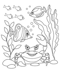 Cartoon the marine fishs and crab. Coloring page. Illustration for children. Cute and funny cartoon characters.