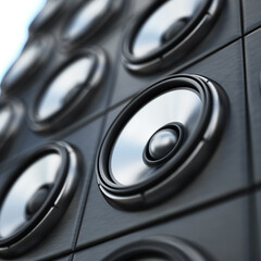 Group of black and silver loudspeaker. 3D illustration
