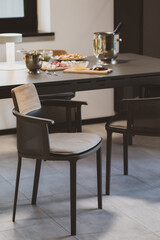Interior of a modern dining room, appetizers on the table