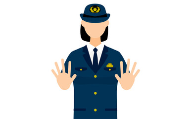 若い女性警官のポーズ、両手を前に出して制止する