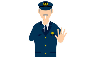 シニア男性警官のポーズ、笛を吹いて制止する