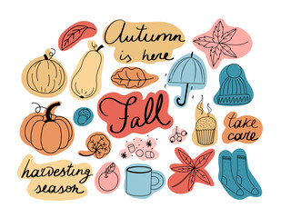Set of autumn lines colorful clip art with hand drawn letterings - Autumn is here, Fall, take care and harvesting season. Pumpkins, hot chocolate, falling leaves.
