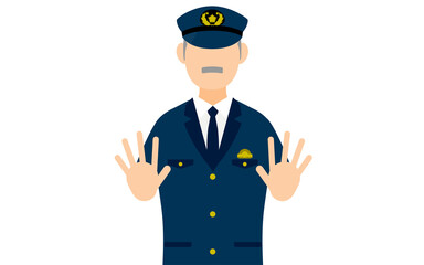 シニア男性警官のポーズ、両手を前に出して制止する