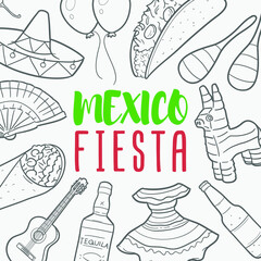 Mexico Fiesta Doodle Banner Icon. Culture Party Vector Illustration Hand Drawn Art. Line Symbols Sketch Background.