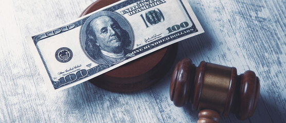 Judge gavel, dollars for business, finance, corruption, money, financial crimes