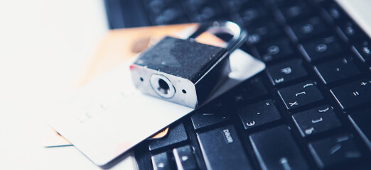 Online payments, secure online shopping and data encryption security concept with padlock