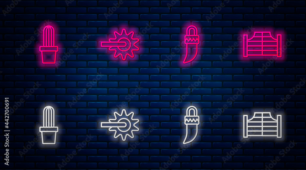 Canvas Prints set line spur, tooth, cactus peyote in pot and saloon door. glowing neon icon on brick wall. vector