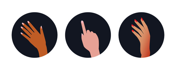 Hands Set. Modern Flat Vector Concept Illustrations. Badges with Hands of Different Race. Social Media Ads.