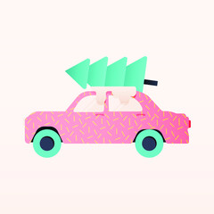 Modern Flat Vector Concept Illustrations. Social Media Ads with Pink Car with Fir Tree on Top. Poster Concept. Web Banner.