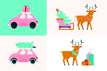 Vector Set Illustrations of Flat Cute Car with Gift and Fir Tree on Top, Deer   with Gifts and Tree. Funny Stickers. Happy New Year and Merry Christmas.