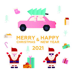 Fototapeta na wymiar Vector Set Illustrations of Flat Cute Car with Tree on Top, Santa Claus with Elements. Funny Stickers. Happy New Year and Merry Christmas.