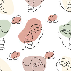 colored seamless pattern in one line style, continuous line, minimalism. man, woman, a couple in love, sympathy