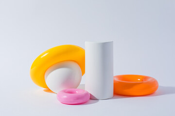 Variety of colorful geometric objects on white background