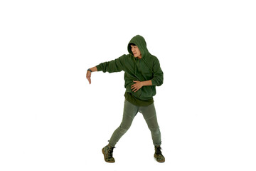 Asian young professional dancer man is hiphop and break dancing action isolataed on white background in studio