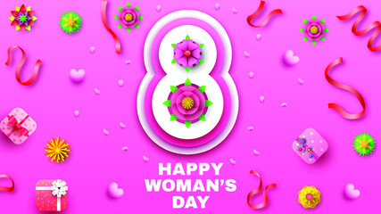 8 March Happy Woman's Day Greeting Flowers Gifts Hearts Ribbons Background. Vector Design Banner Party Invitation Web Poster Flyer Stylish Brochure, Greeting Card Template