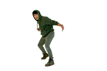 Professional dancer man is hiphop and break dancing action isolataed on white background in studio