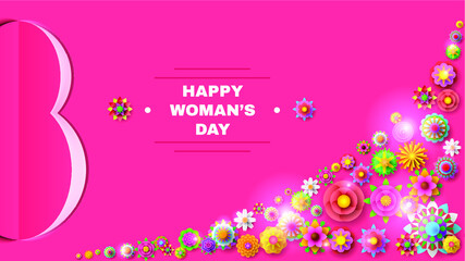 8 March Happy Woman's Day Greeting Flowers Background. Vector Design Banner Party Invitation Web Poster Flyer Stylish Brochure, Greeting Card Template