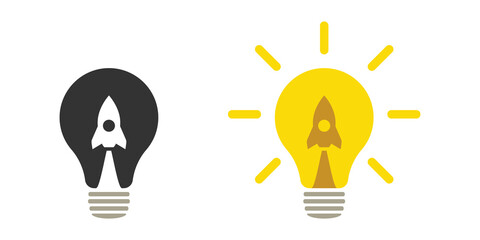 Lamp and rocket. Light bulb and airplane symbol or icon. Takeoff concept. Web design.