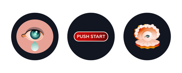 Vintage Retro Set. Modern Flat Vector Concept Illustrations. Badges with Eye with Tear, Push Start Button, Pearl with Eye in a Rich Shell. Social Media Ads.