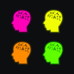 Bald Male Head Side View With Letters Inside four color glowing neon vector icon