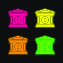 Bank four color glowing neon vector icon