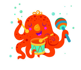 cute orange octopus playing drum and maracas