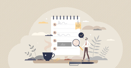 To do list with task priorities and work to reminder tiny person concept. Notepad with checklist as job schedule and planner vector illustration. Effective time management with productivity tool.