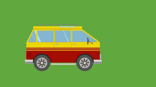 Trip van Driving Trip Car Moving - Cartoon vector animation vacation traveling car on green bg
