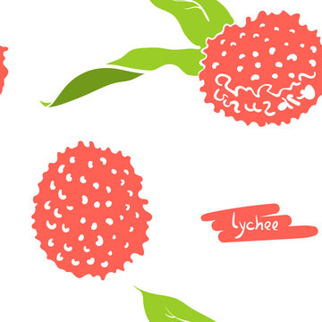Seamless pattern with lychee. Colorful paper cut culinary herbs isolated on white background. Doodle hand drawn vector illustration