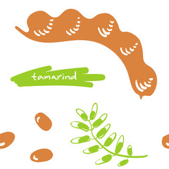 Seamless pattern with tamarind. Colorful paper cut culinary herbs isolated on white background. Doodle hand drawn vector illustration
