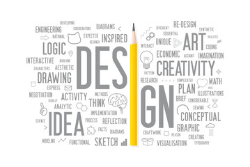 The gray word "design" is separated and replaced the letter I with a yellow pencil photo. Minimal style words cloud and illustration that combination with pencil photo. Design for presentation. 