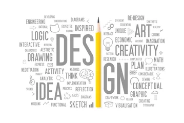 Fotobehang The gray word "design" is separated and replaced the letter I with a yellow pencil photo. Minimal style words cloud and illustration that combination with pencil photo. Design for presentation.  © Witaya
