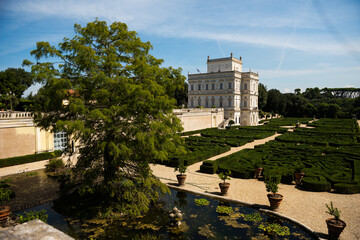 View of the palace of arts. Villa Doria Pamphili. Famous places in Italy. Sunny summer day and...