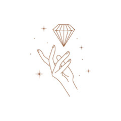 Minimal hand logo in trendy linear style. Women's hands with crystal and stars. Vector linear boho icon for handmade products, jewelry, cosmetics, wedding concept illustrations etc. Branding. © CoCoArt_Ua