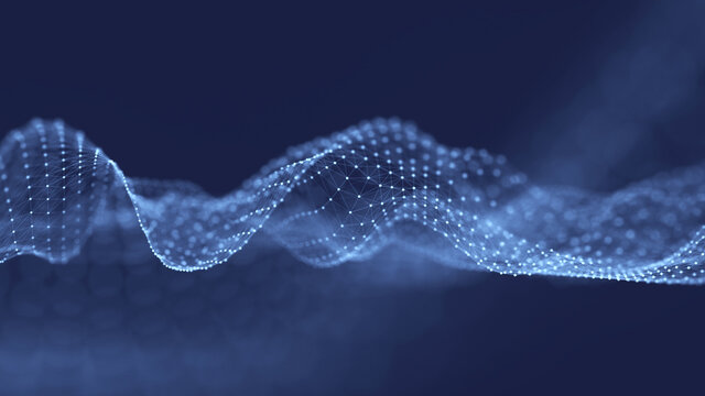 Artificial intelligence concept. Big data visualization. Blue cyber technology wave. 3d rendering. © estar 2020