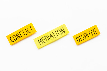 Conflict resolved. Word mediation on office table, top view