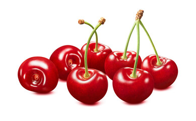 Sweet red cherries in a row isolated on white background
