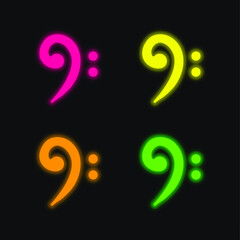 Bass Clef four color glowing neon vector icon