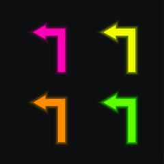 Arrow Straight Angle Turning To Left four color glowing neon vector icon