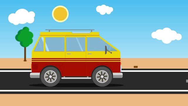 Trip van Driving Trip Car Moving - Cartoon vector animation vacation traveling car