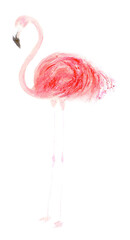 Watercolor Pink Flamingo isolated on white background. Idea for illustrations, cards, prints for kids. Cute simple happy bird. Hand-painted sign, symbol of a rosy flamingo. Kids image. 