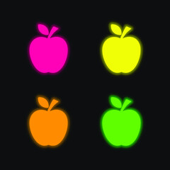 Apple Black Silhouette With A Leaf four color glowing neon vector icon