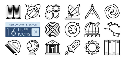science astronomy and space exploration. Rocket for flights to moon, spiral galaxy, observatory and radio telescope. Set of simple linear icons - obrazy, fototapety, plakaty
