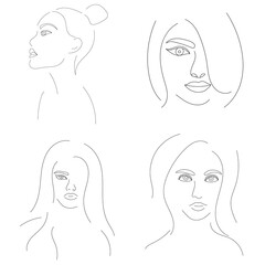 set drawing girl portrait line sketch, isolated, vector
